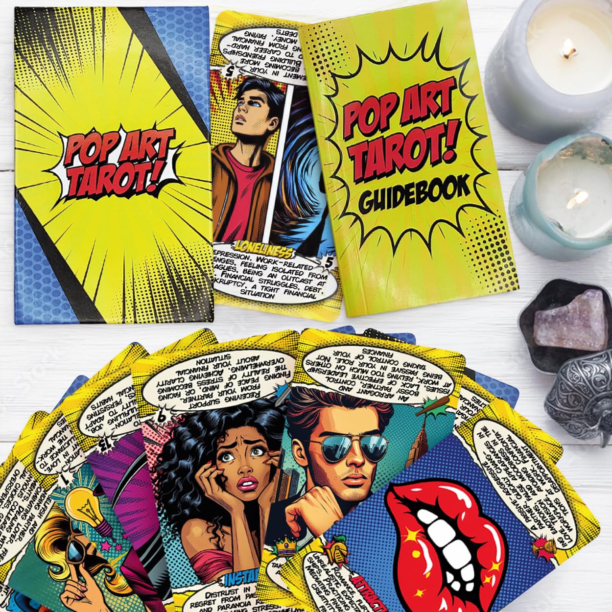 Tarotika Pop Art Deck guidebook illustrates meanings and practical spreads.