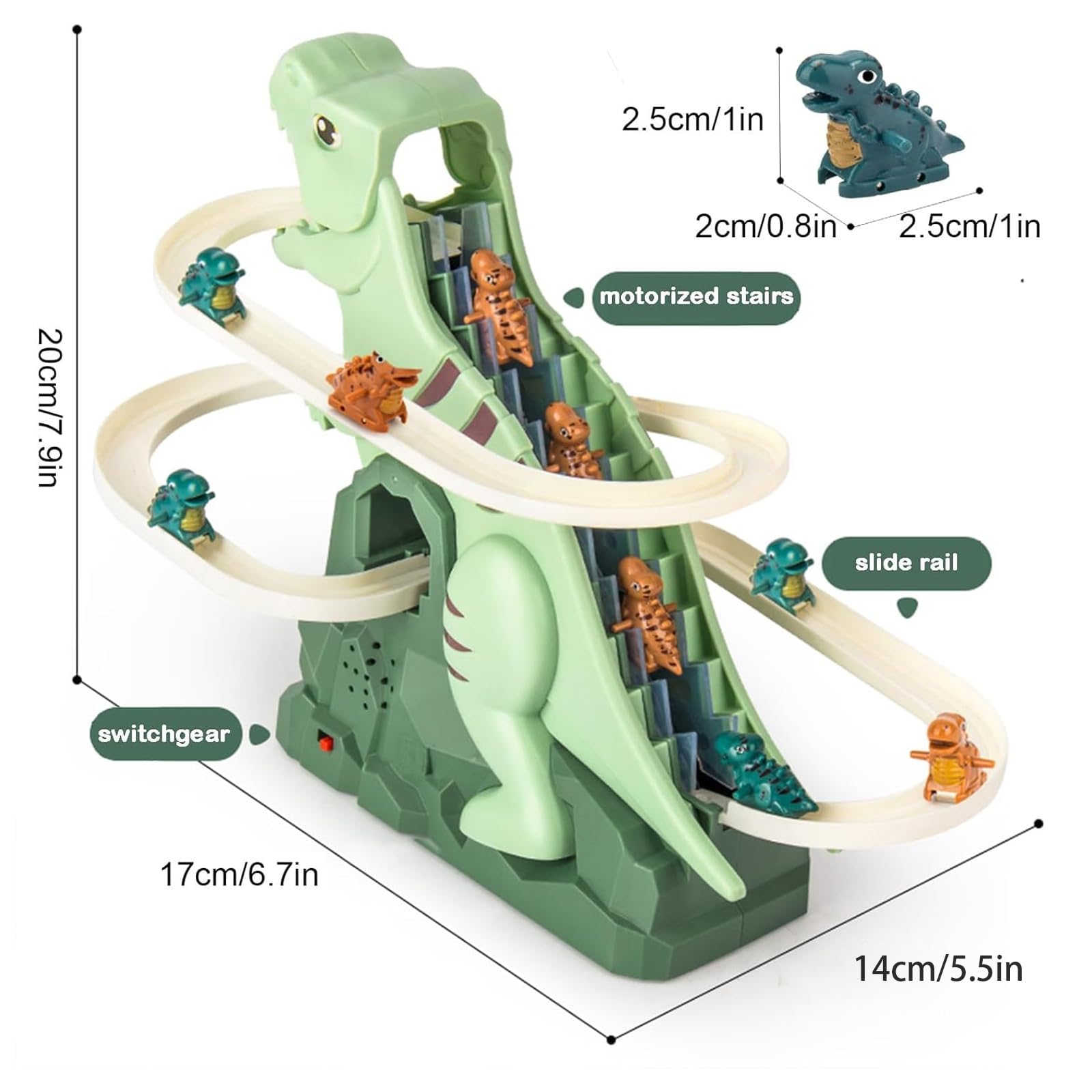Tasunte dinosaur climbing slide highlights safe stair ascent for exploratory play and motor skills.