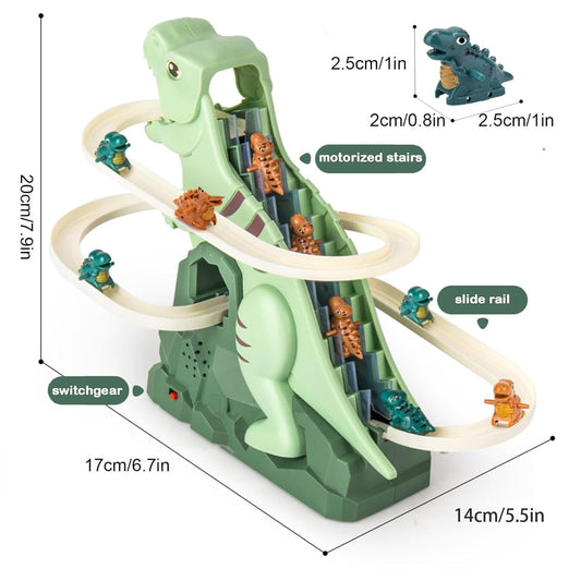 Tasunte dinosaur climbing slide highlights safe stair ascent for exploratory play and motor skills.