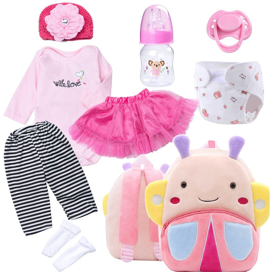 TatuDoll 9pcs pink butterfly backpack, portable doll accessory storage.