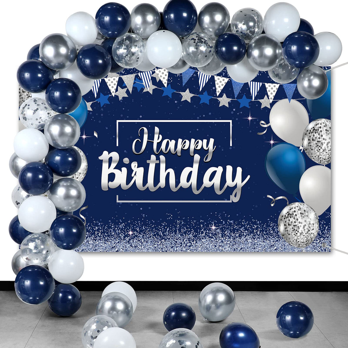 Tatuo navy blue birthday banner for stylish party backdrop and photos