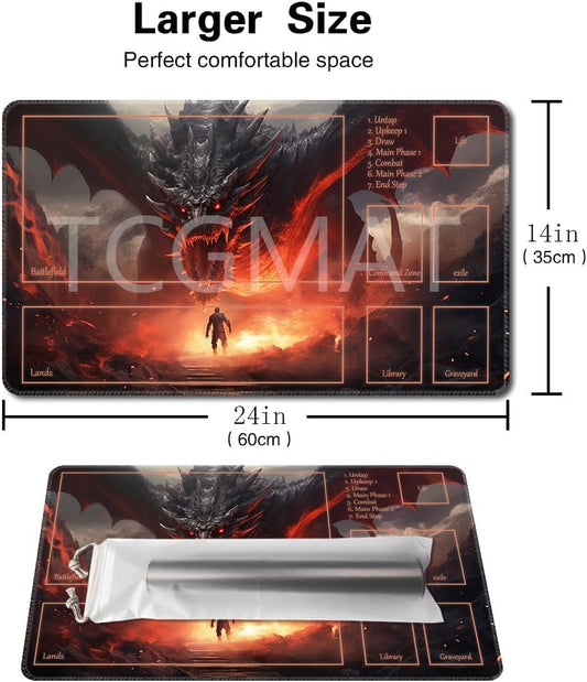 Close-up of vibrant, detailed printing on the TCGMAT Dragon Roar-Deck playmat.