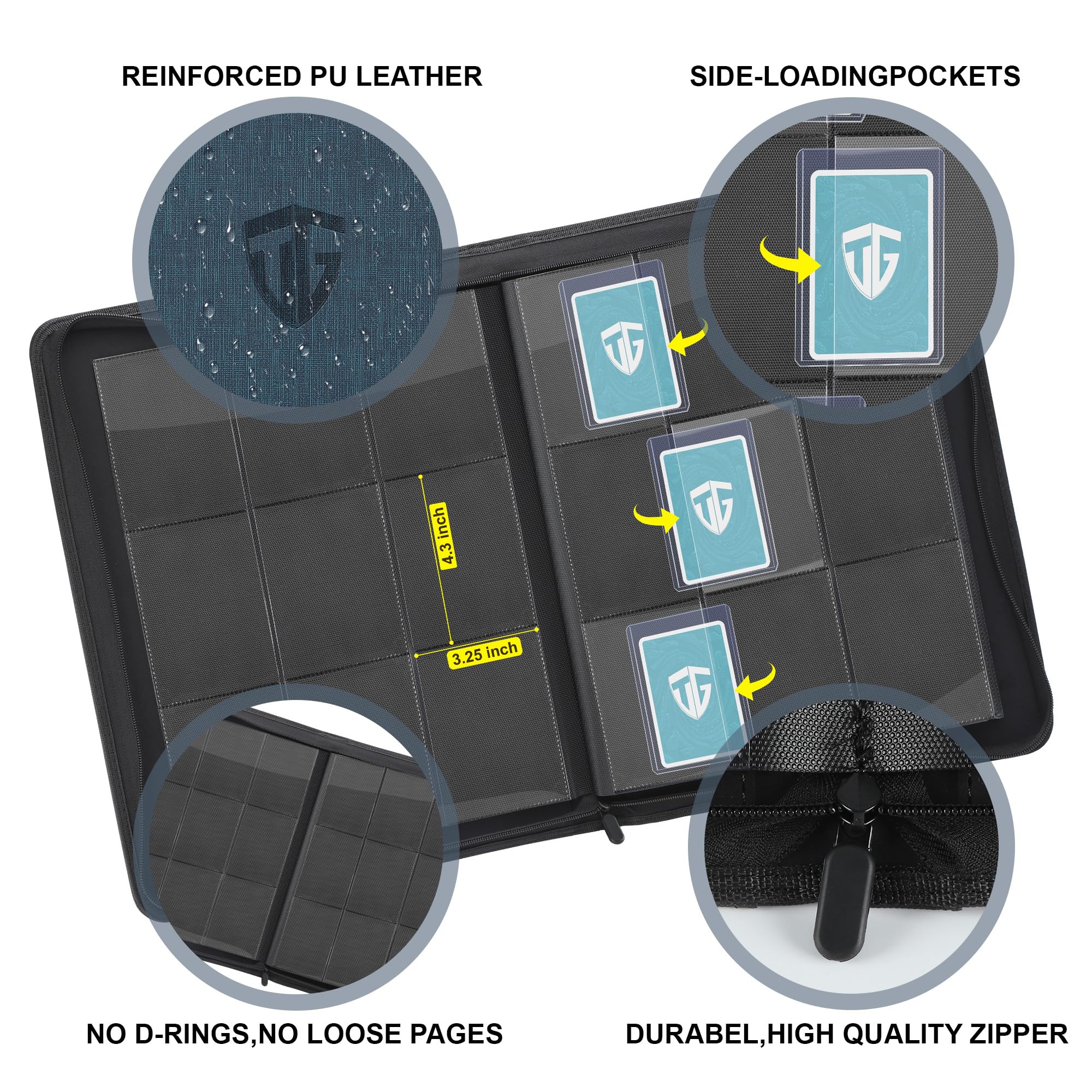 TCGUARD binder open spreads reveal double-sided 9-pocket pages for organized browsing.