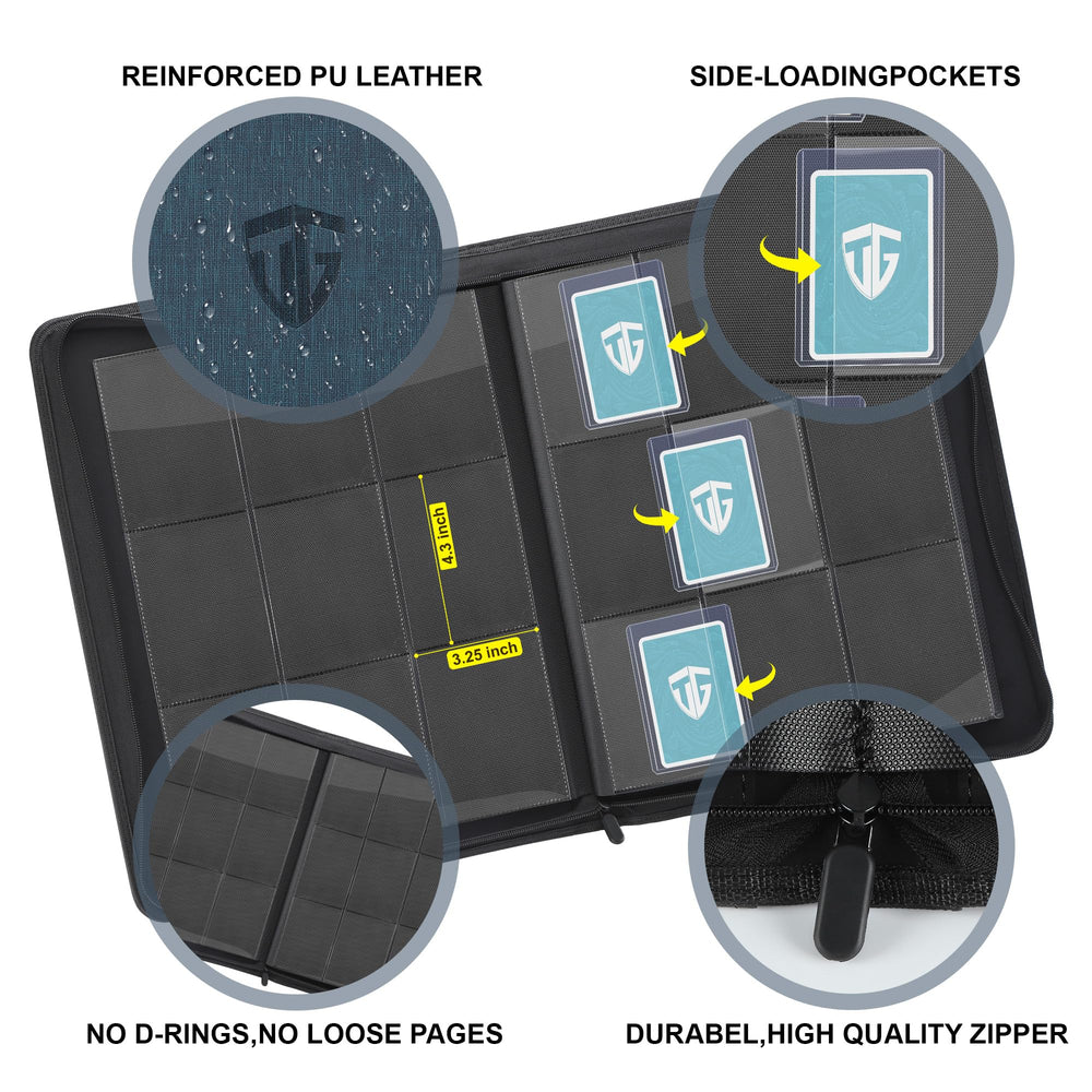 TCGUARD binder open spreads reveal double-sided 9-pocket pages for organized browsing.