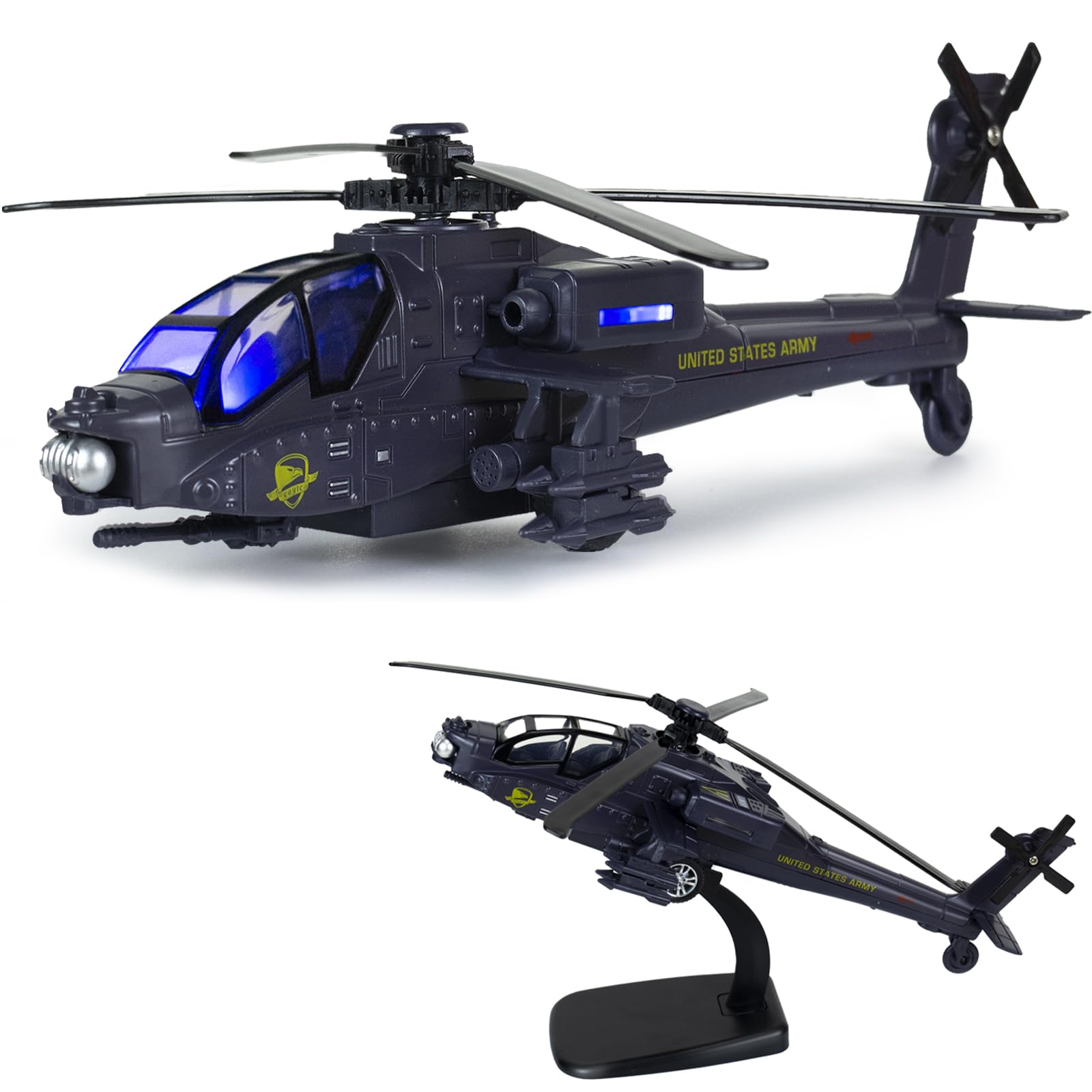 Tcvents army police helicopter toy with display stand holder for play and display.