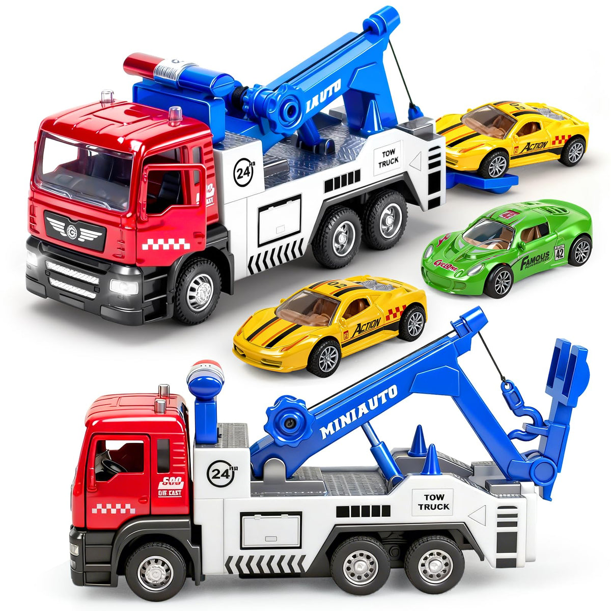 Tcvents diecast tow truck front view with sturdy metal body for kids' play