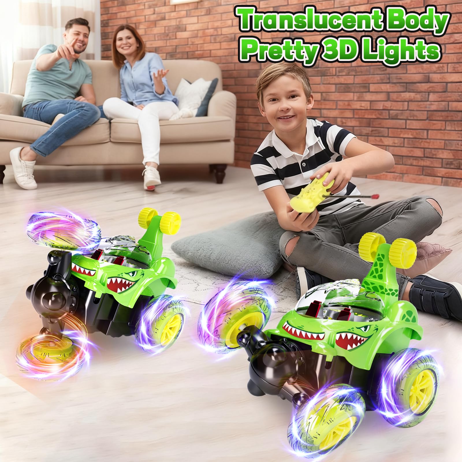 Tcvents RC Stunt Car dinosaur design appeals to kids' imagination.