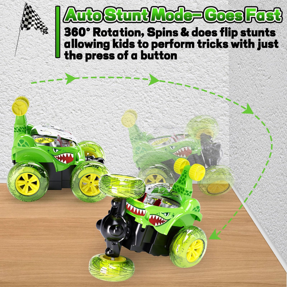 Tcvents RC Stunt Car rear view emphasizes robust wheels for spins.