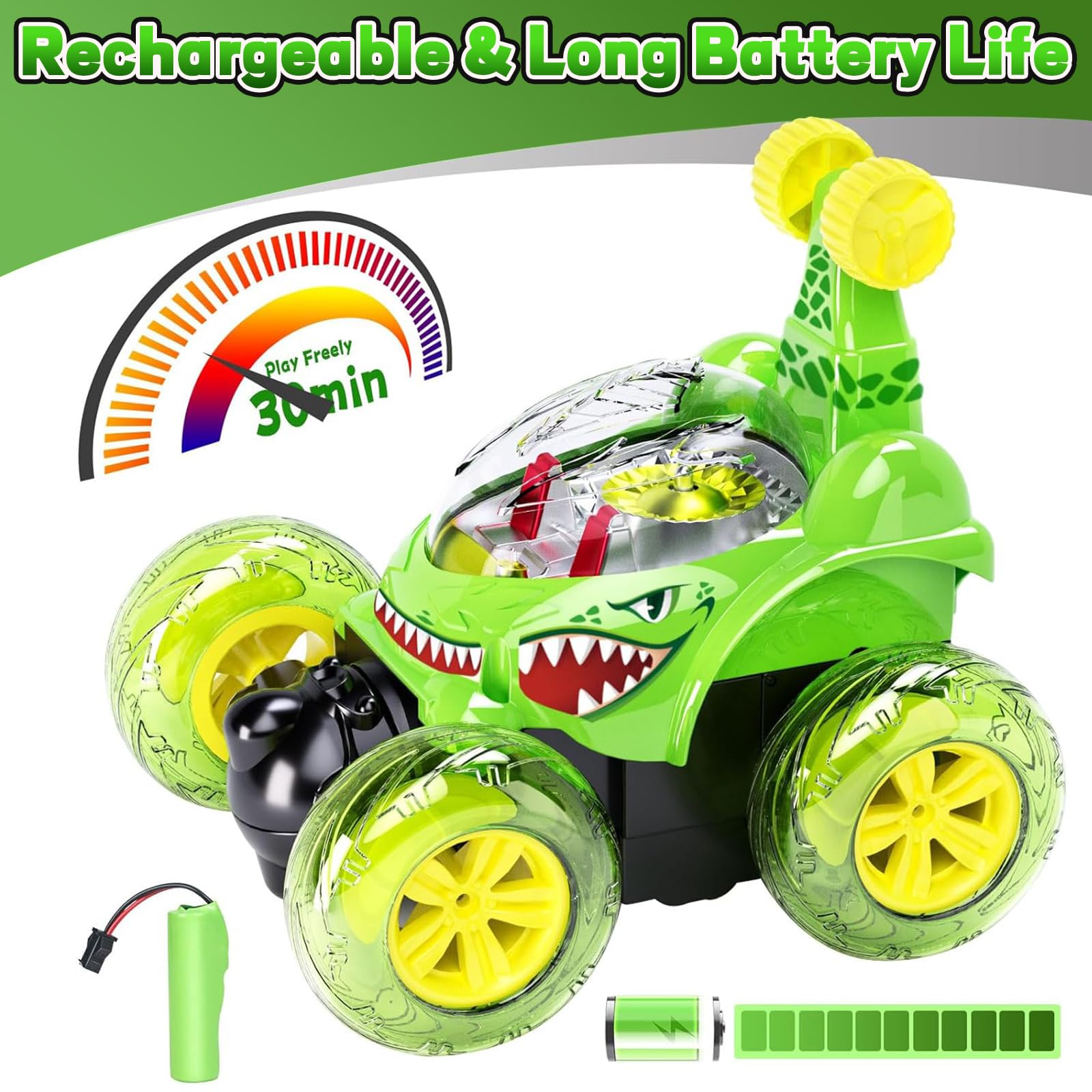 Tcvents RC Stunt Car top view reveals translucent shell and LED visibility.
