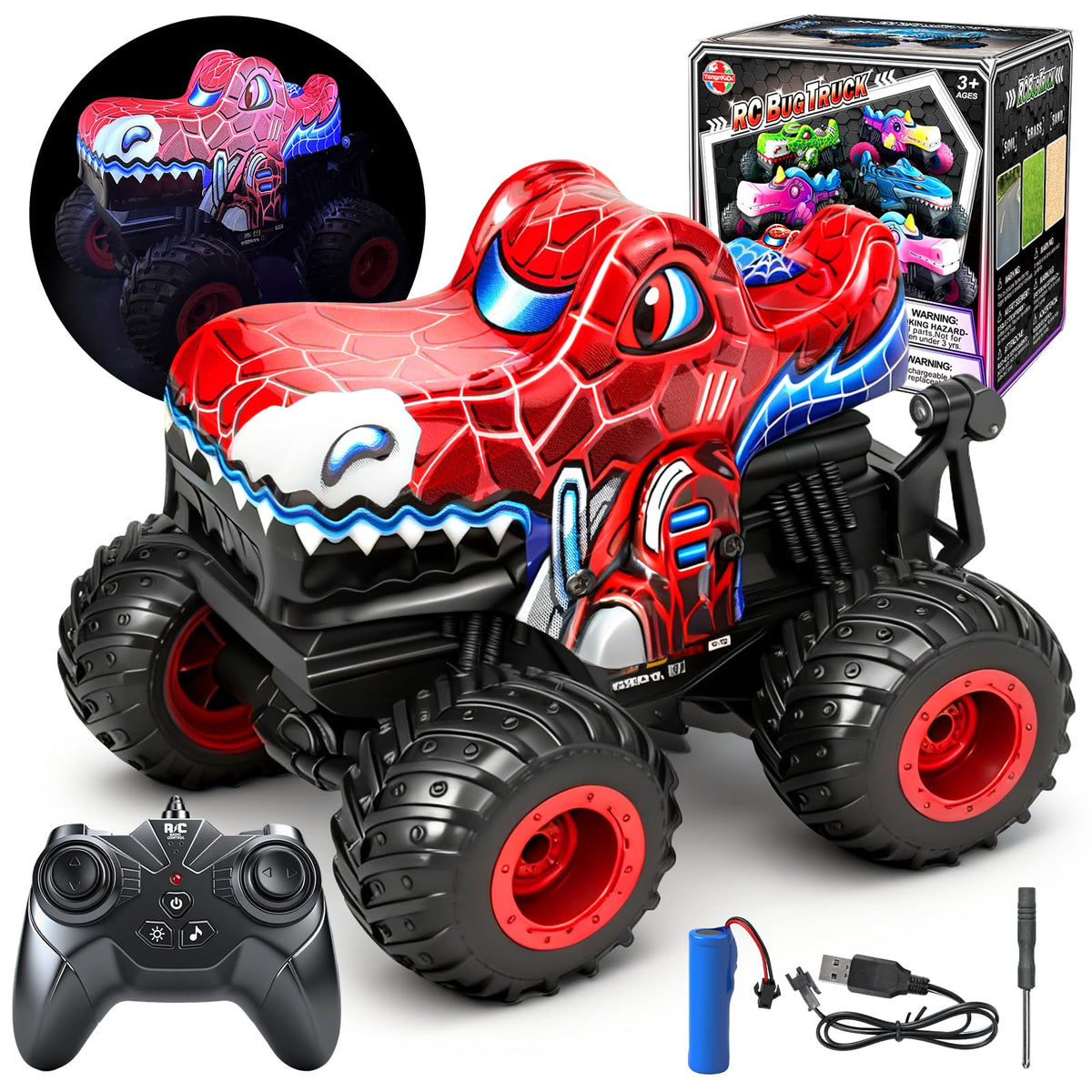 Tcvents remote-control spider truck front view highlighting rugged build for outdoor play.