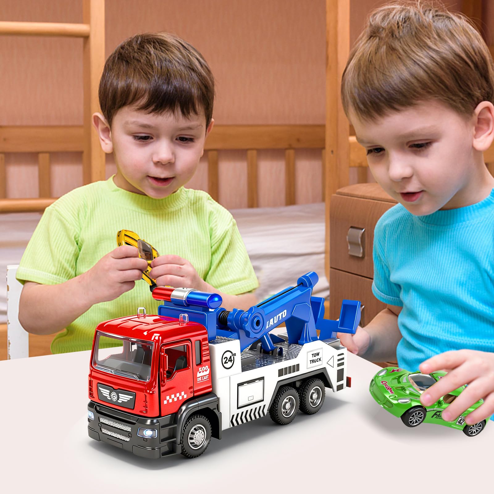 Tcvents tow truck with lights and sound and batteries included