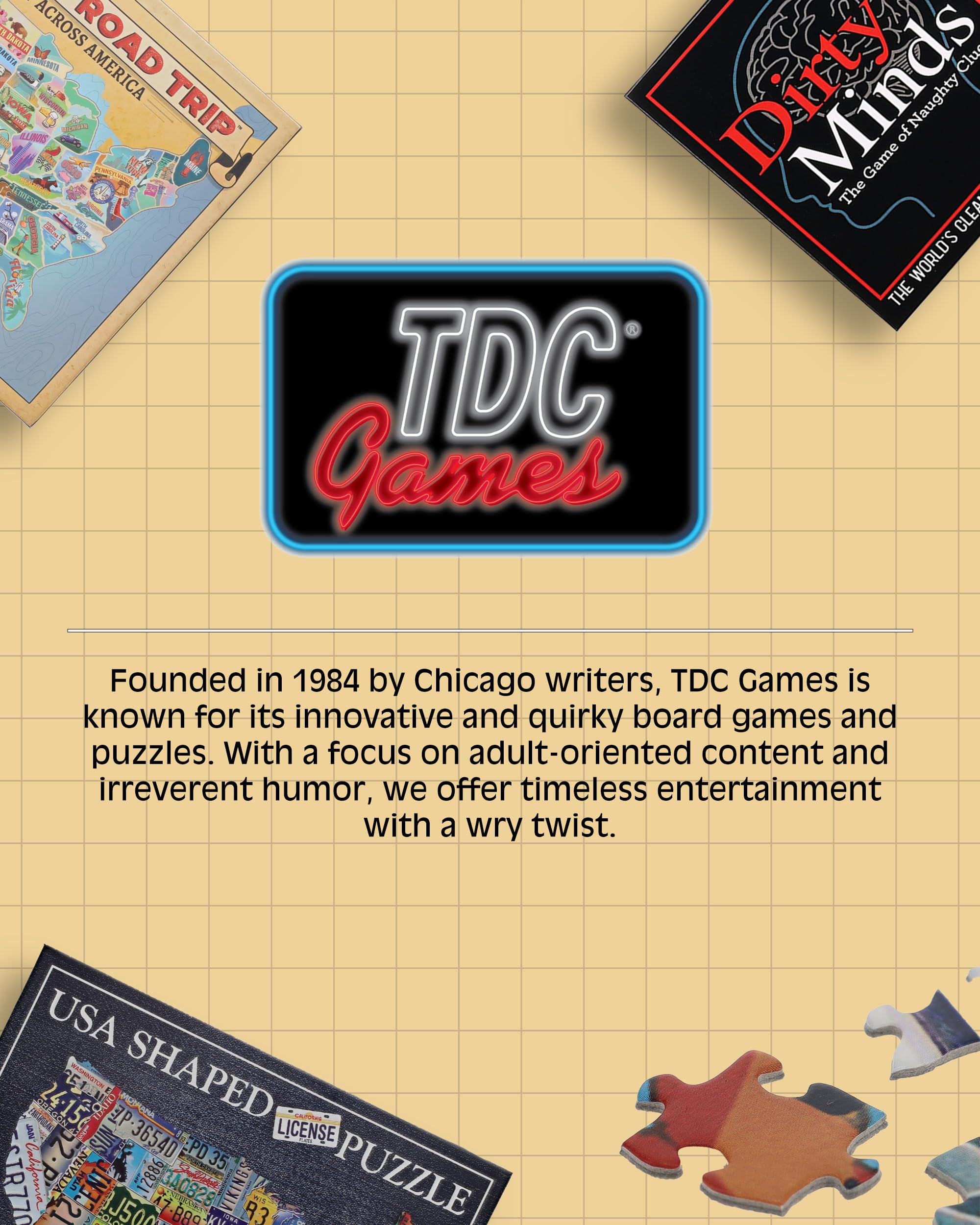 TDC Games since 1984 branding, trusted for clever puzzles and playful entertainment.
