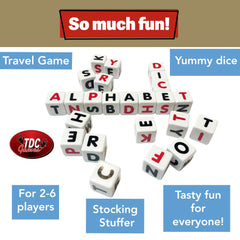 TDC Games Campbell's Alphabet Dice Game travel-friendly case emphasizes portability