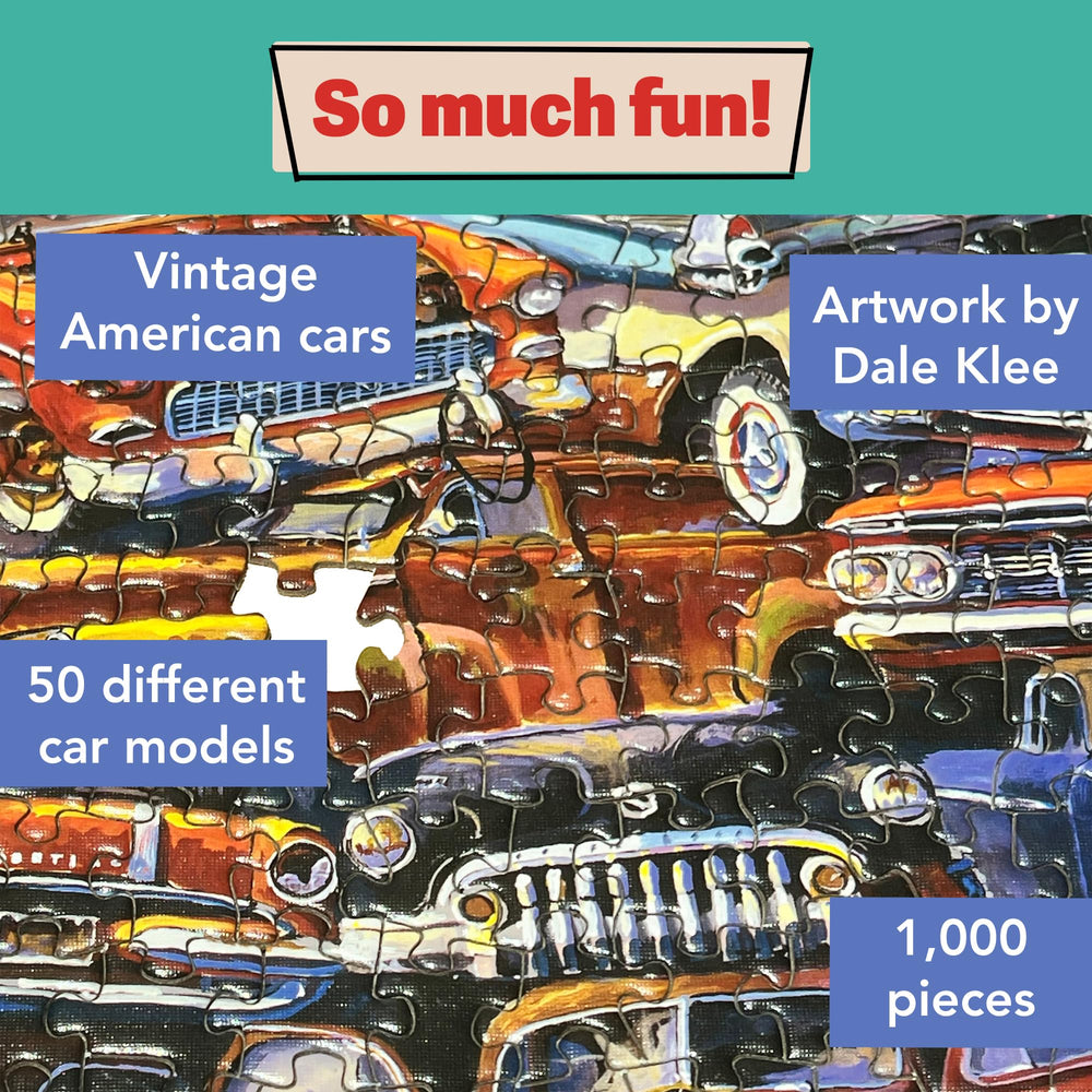 TDC Games Classic Car Puzzle shows 1950s vehicles, great for focus and color matching.