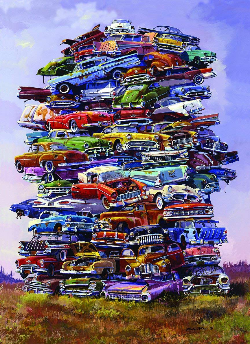 TDC Games Classic Car Puzzle with stacked 1950s cars, ideal for solo puzzle nights.