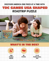 TDC Games USA map puzzle featuring 48 states and landmarks for family nights.