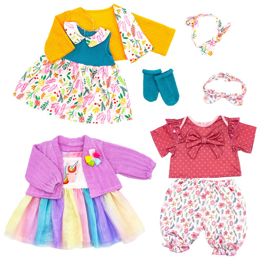 TDDS9 9-Piece doll clothes overview showing versatile outfits for 20-22 inch dolls.