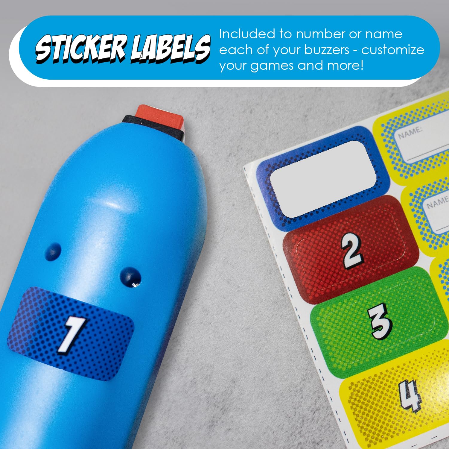 Teacher's Choice buzzer requires 2 AA batteries per unit for reliable play