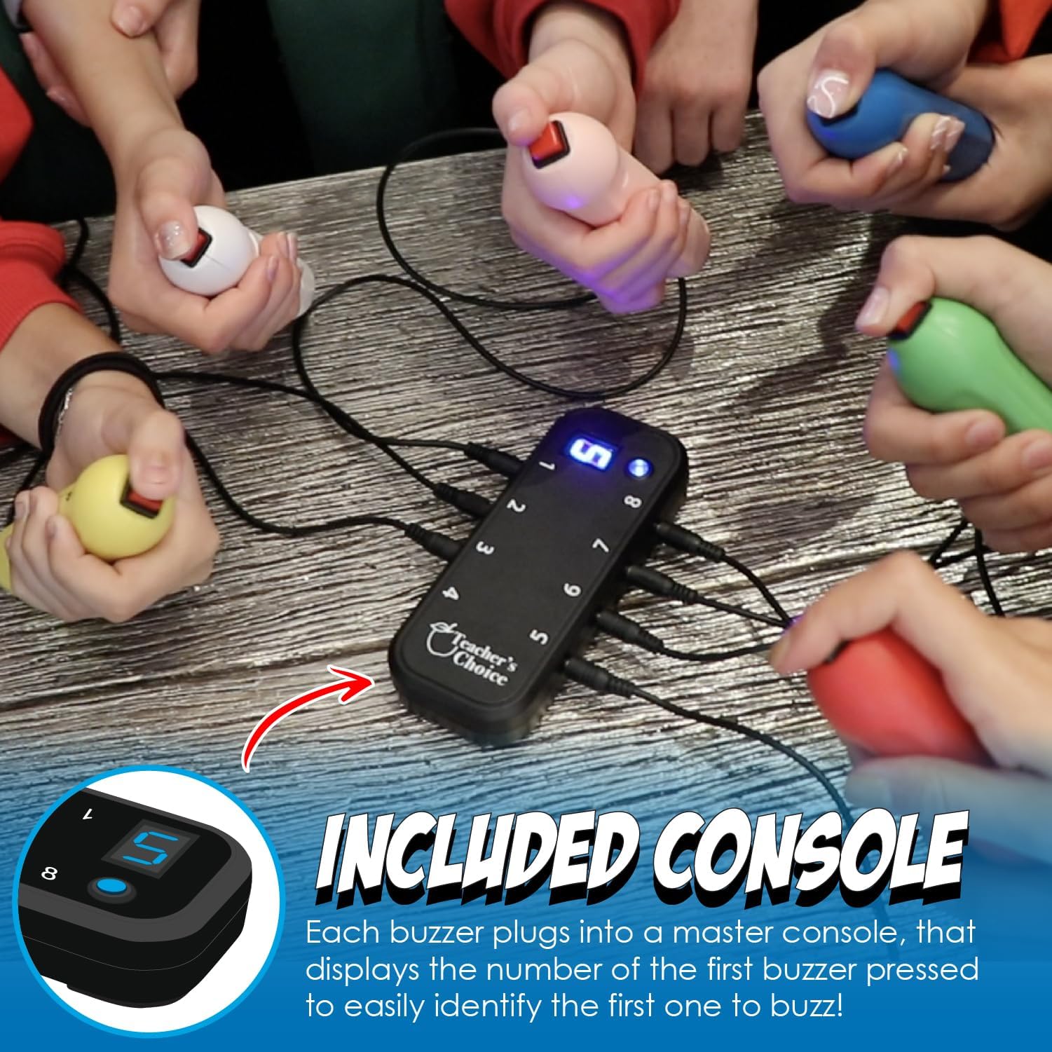 Teacher's Choice console display showing first buzz-in indicator for engaging rounds