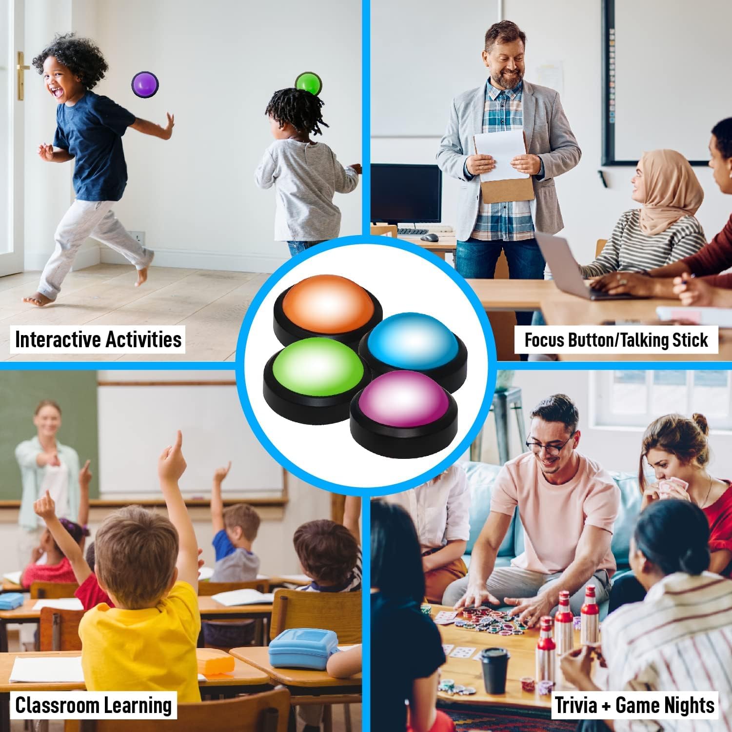Teacher's Choice four-pack handheld buzzers ready for fast buzz-ins.