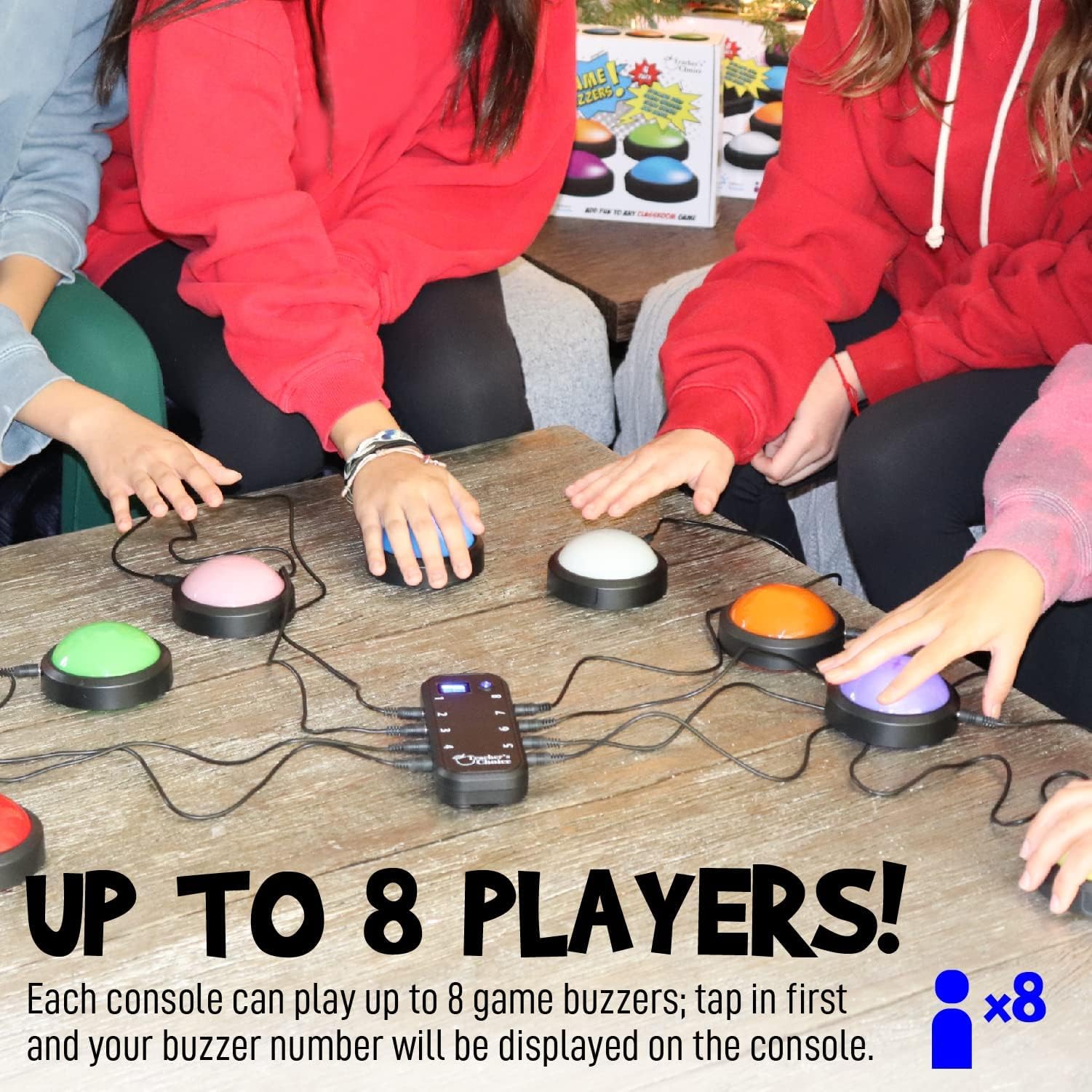 Teachers Choice Light Up Game Buzzer System showing multiple buzzers in play for fast-paced rounds