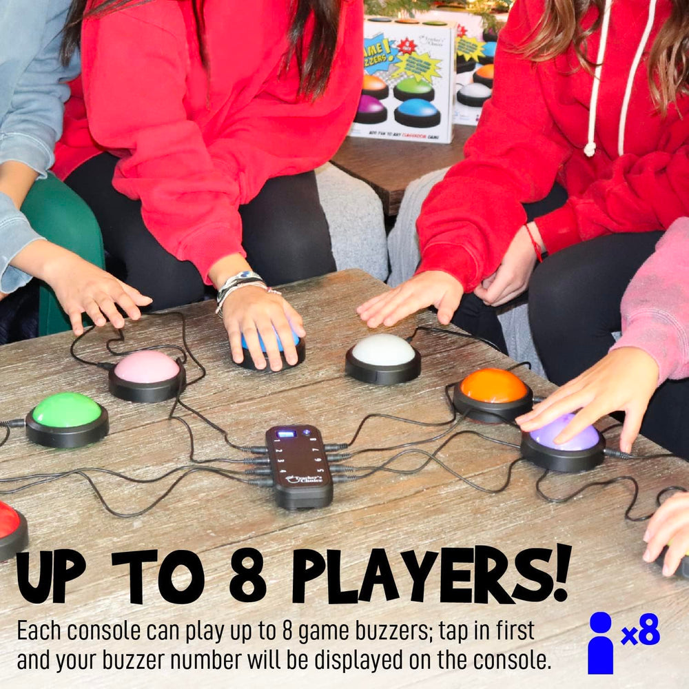 Teachers Choice Light Up Game Buzzer System showing multiple buzzers in play for fast-paced rounds