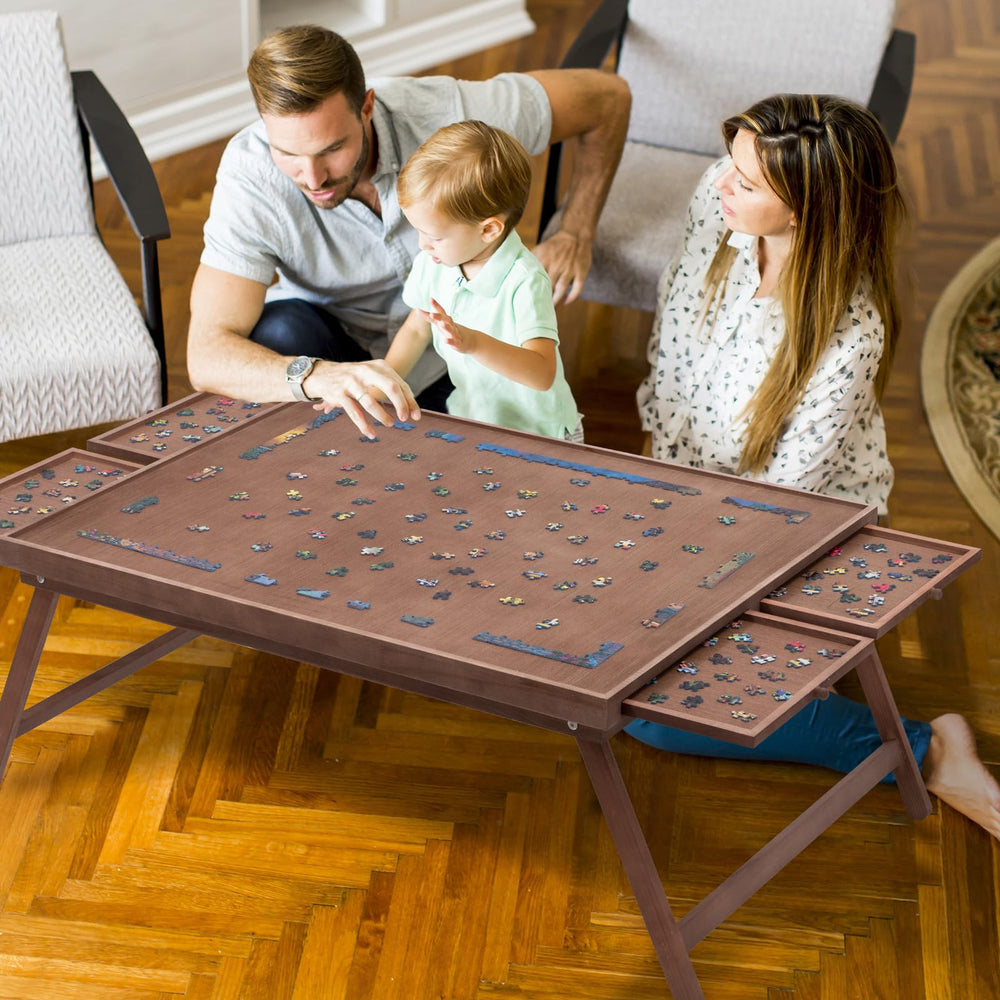 TEAKMAMA puzzle board with four drawers keeps pieces organized during puzzles.