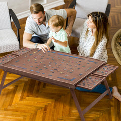 TEAKMAMA puzzle board with four drawers keeps pieces organized during puzzles.