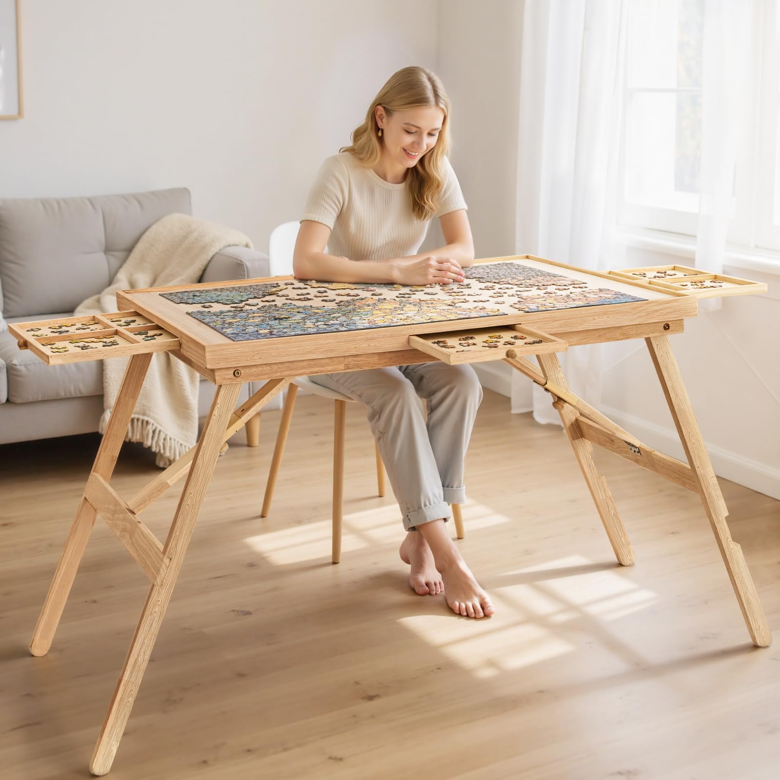 TEAKMAMA puzzle table folding legs setup for comfy high puzzle sessions
