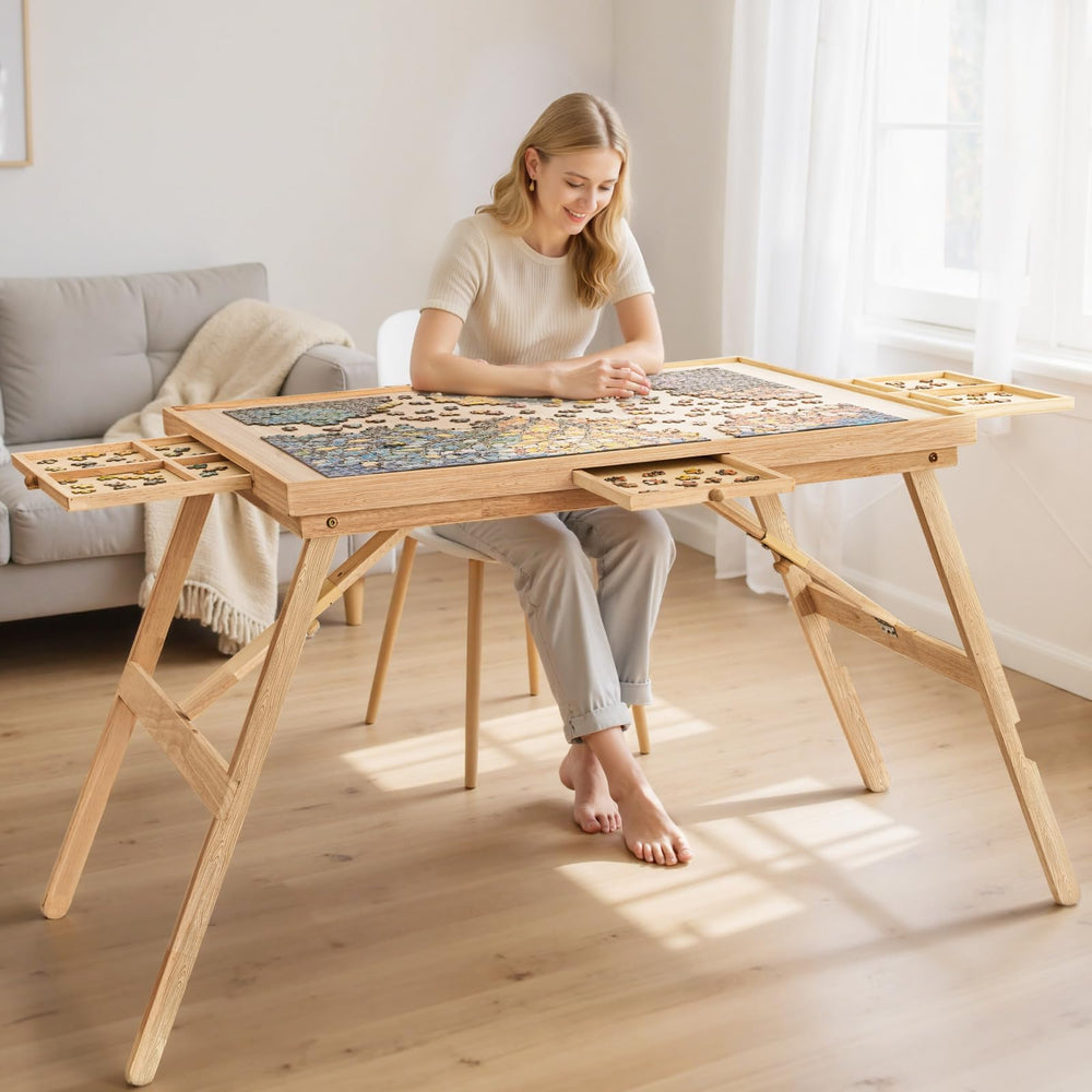 TEAKMAMA puzzle table folding legs setup for comfy high puzzle sessions