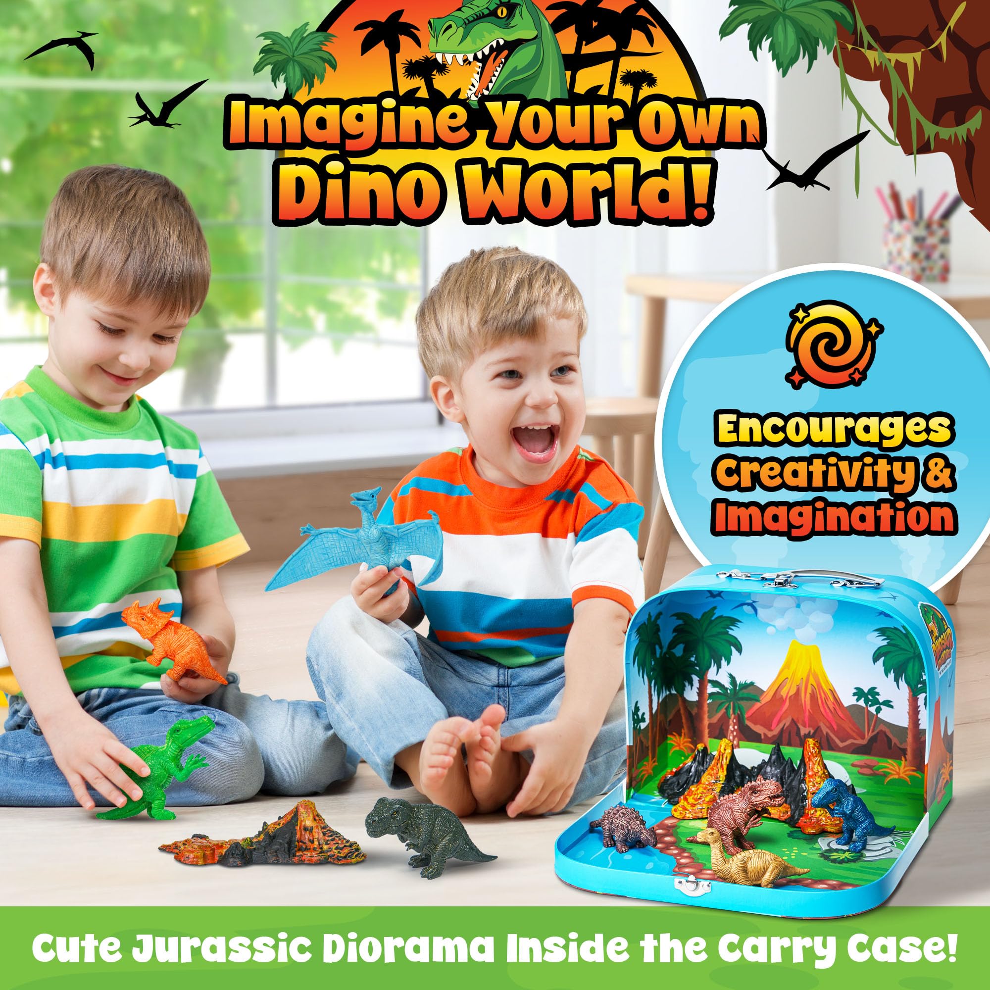 Team Power dinosaurs set with play scenery inside promotes imaginative pretend-play during travel