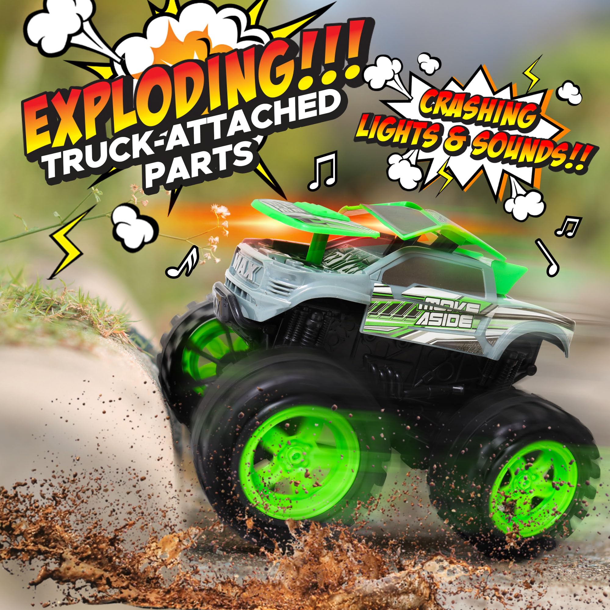 Team Power monster truck crash sounds and flashing lights energize play sessions.