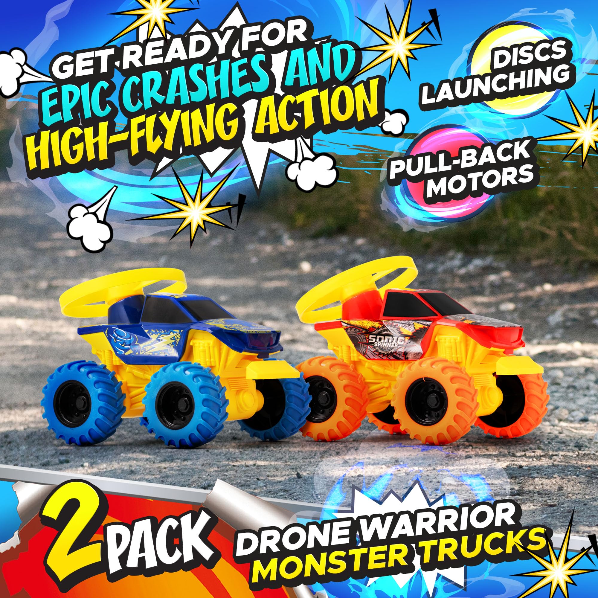 Team Power Monster Truck toy side action shot showcases pull-back speed and battle vibes.