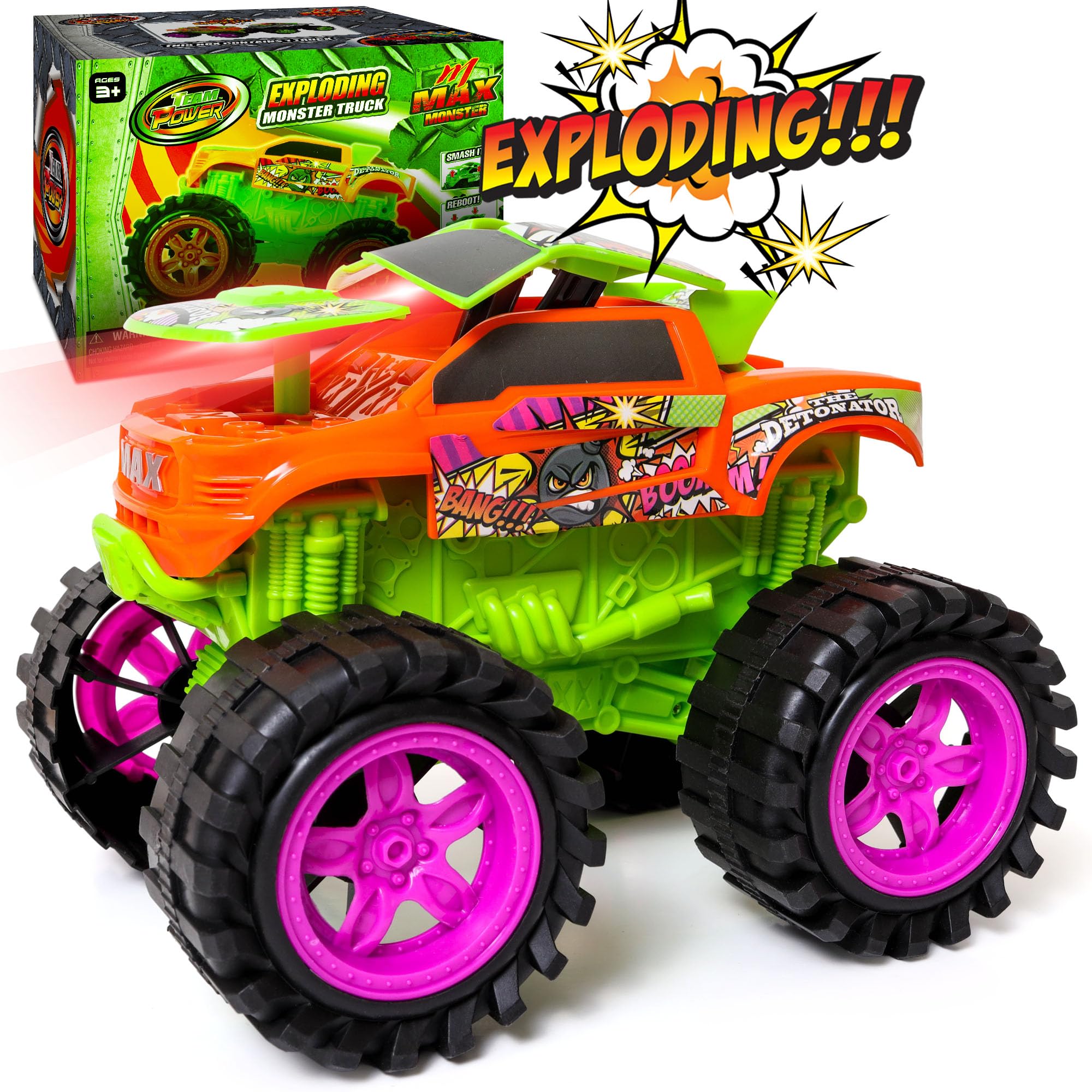 Team Power exploding monster truck with crash sounds and lights for immersive play