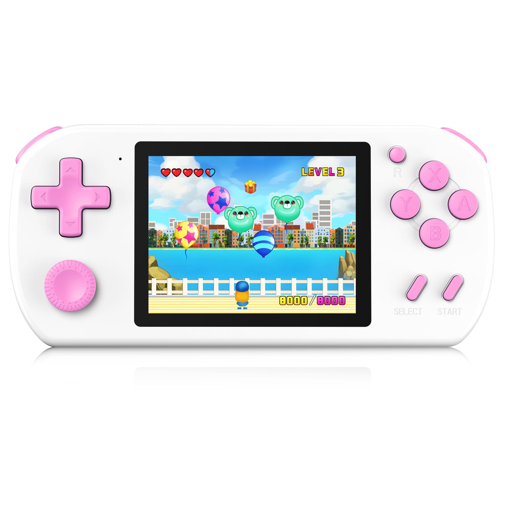 TEBIYOU handheld console front view showing kid friendly design and compact travel readiness