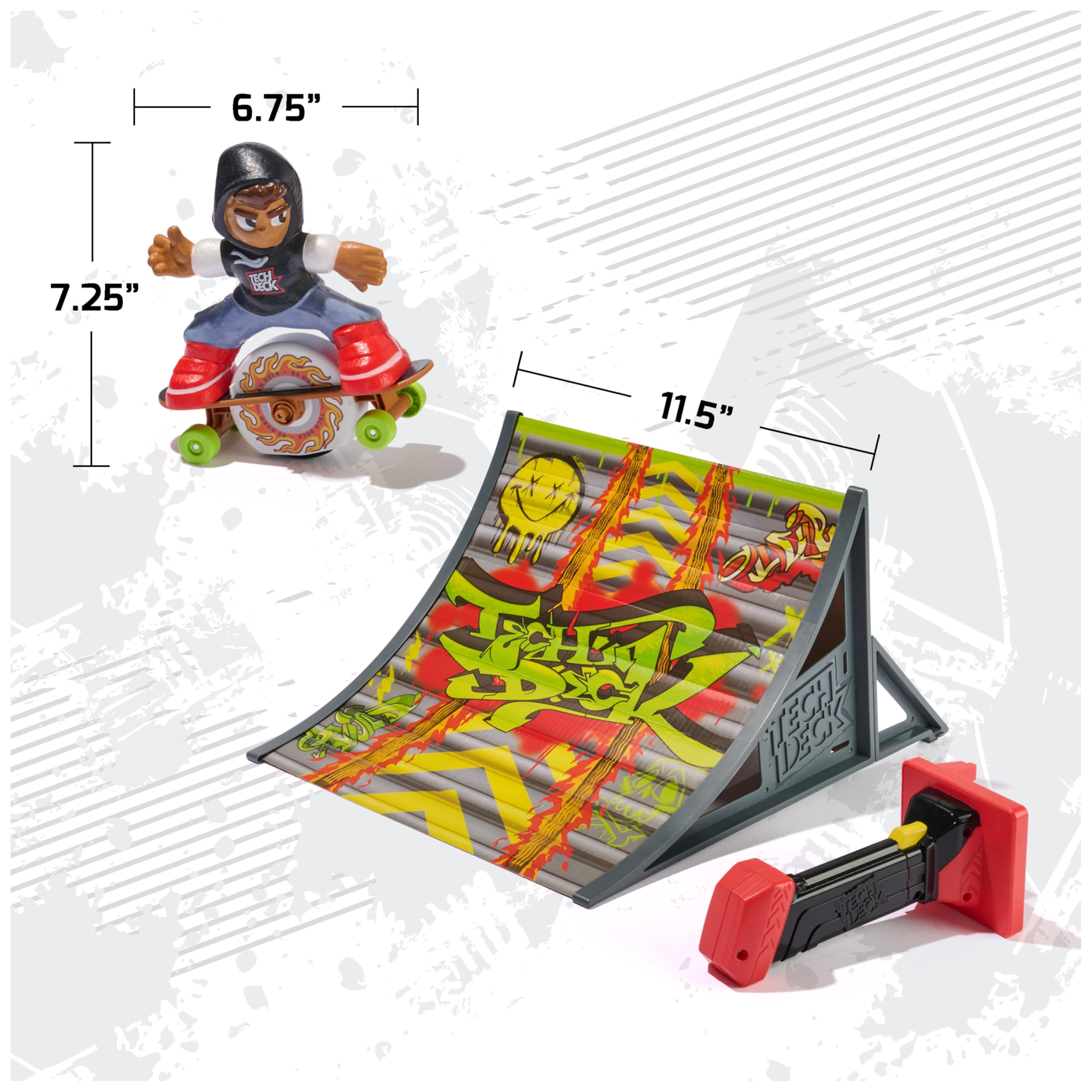 Action shot of Tech Deck skateboard launching over ramp illustrating big air fun