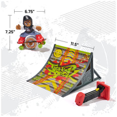 Action shot of Tech Deck skateboard launching over ramp illustrating big air fun