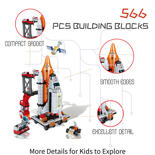 Tecnobicho Space Rocket kit piece-count display highlights 566+ pieces for imaginative building