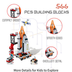 Tecnobicho Space Rocket kit piece-count display highlights 566+ pieces for imaginative building