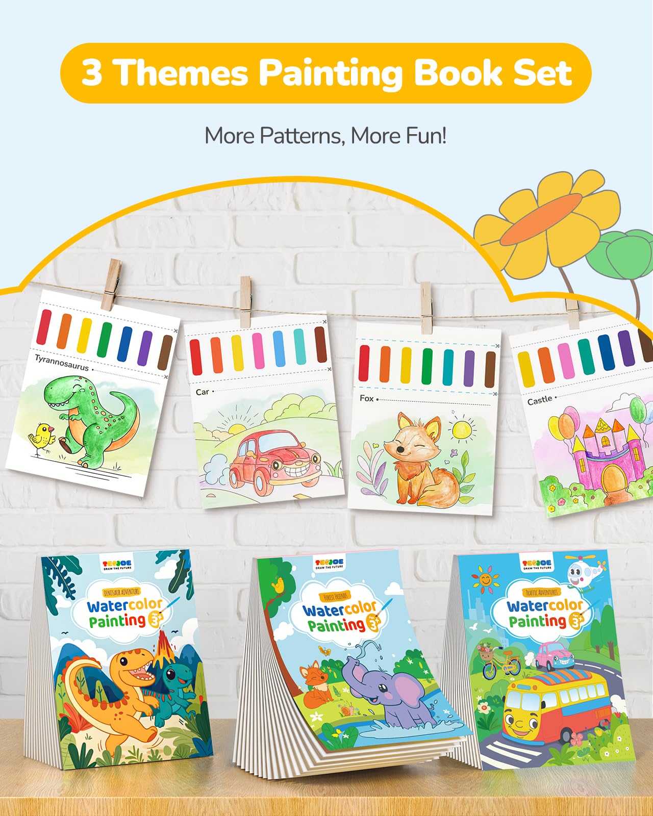 TECJOE 3-pack dinosaurs watercolor books: playful dinos fuel creative coloring sessions.