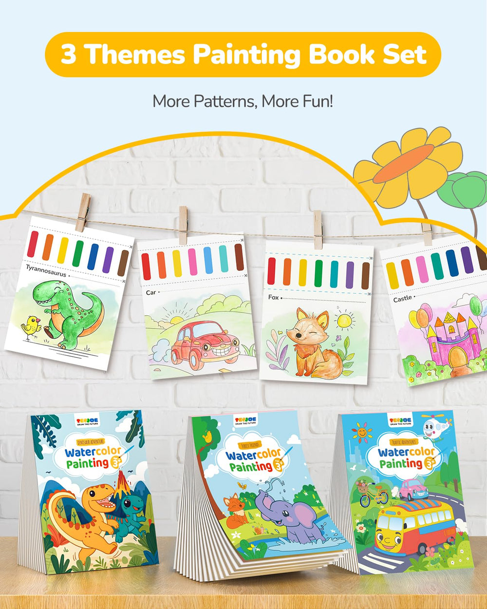 TECJOE 3-pack dinosaurs watercolor books: playful dinos fuel creative coloring sessions.