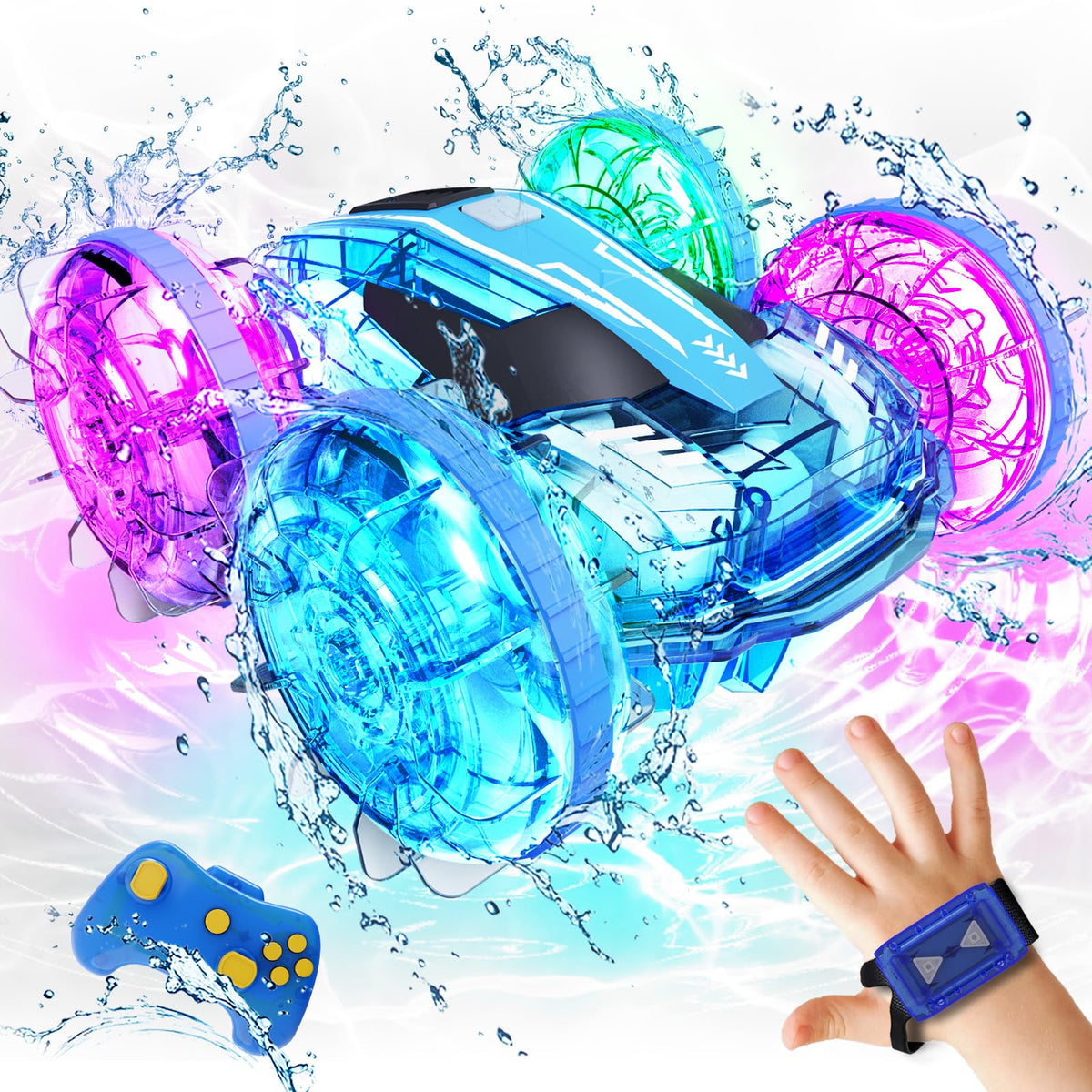 Tecnock amphibious RC car boat with LED lights for dramatic night runs.