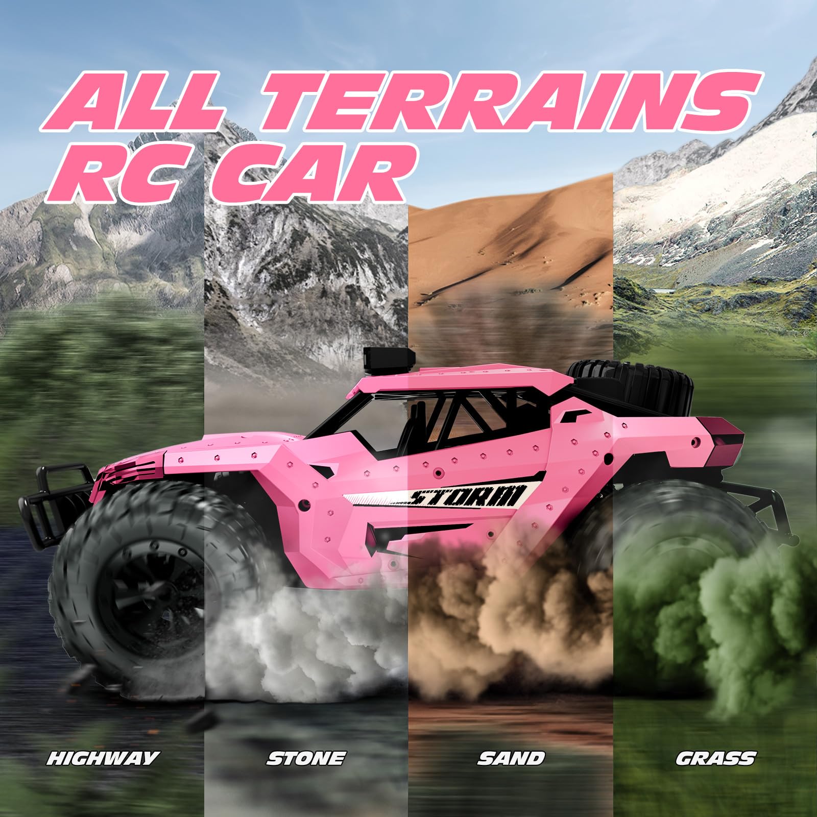 Tecnock Pink RC Car on sand shows reliable beach traction.