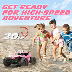 Tecnock Pink RC Car front angle emphasizes durable all-terrain build.