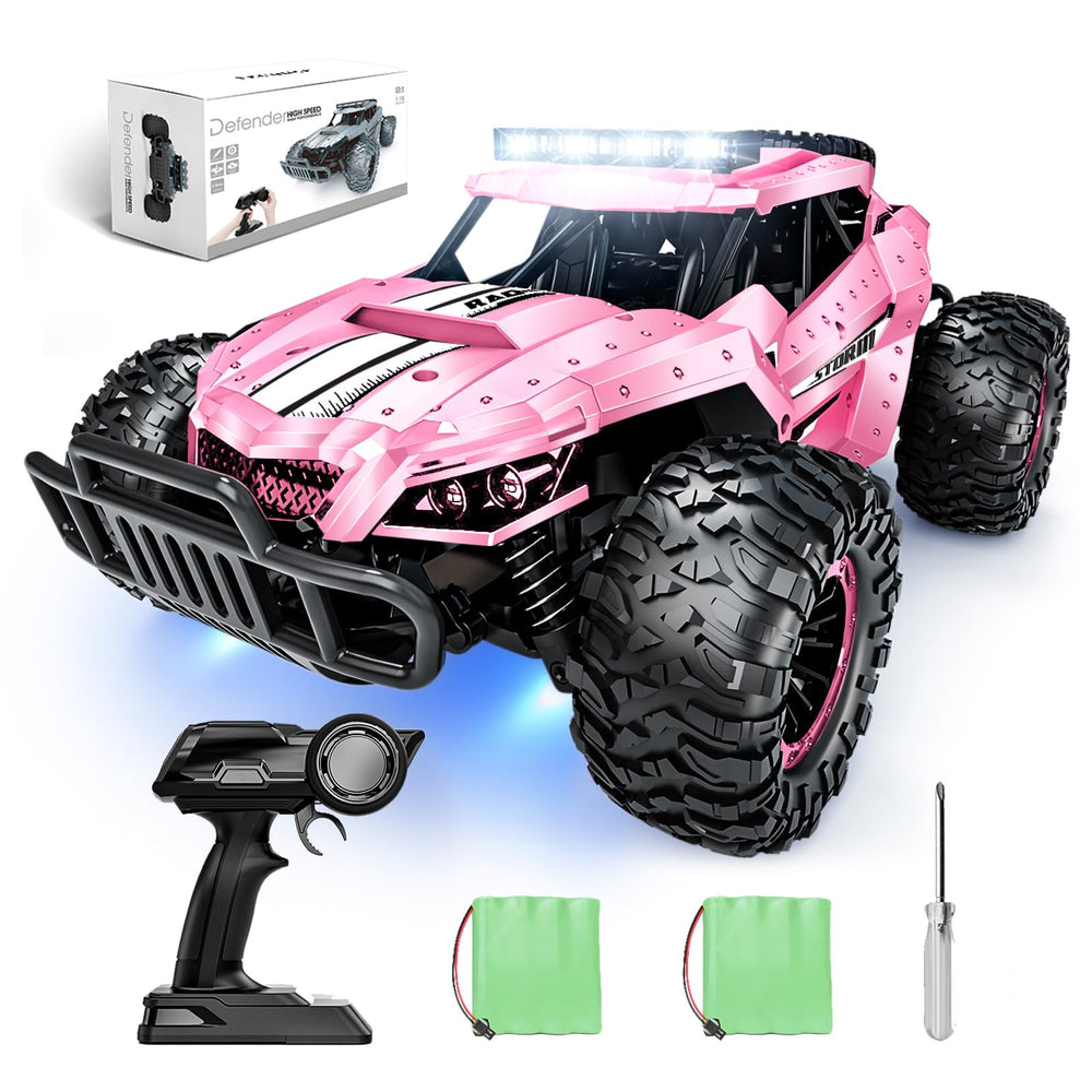 Tecnock Pink RC Car side view highlights rugged, outdoor-ready design.