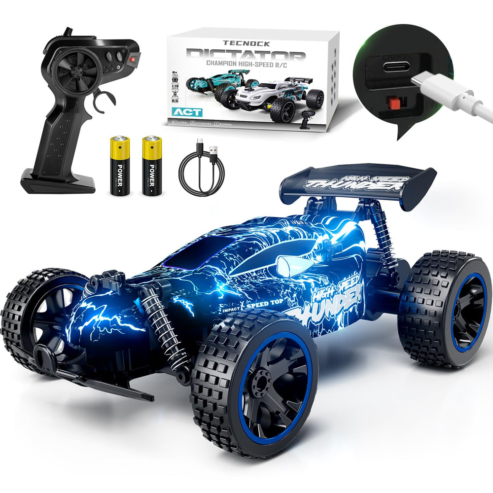 Tecnock RC car front view shows a durable shell and LED lights for exciting play