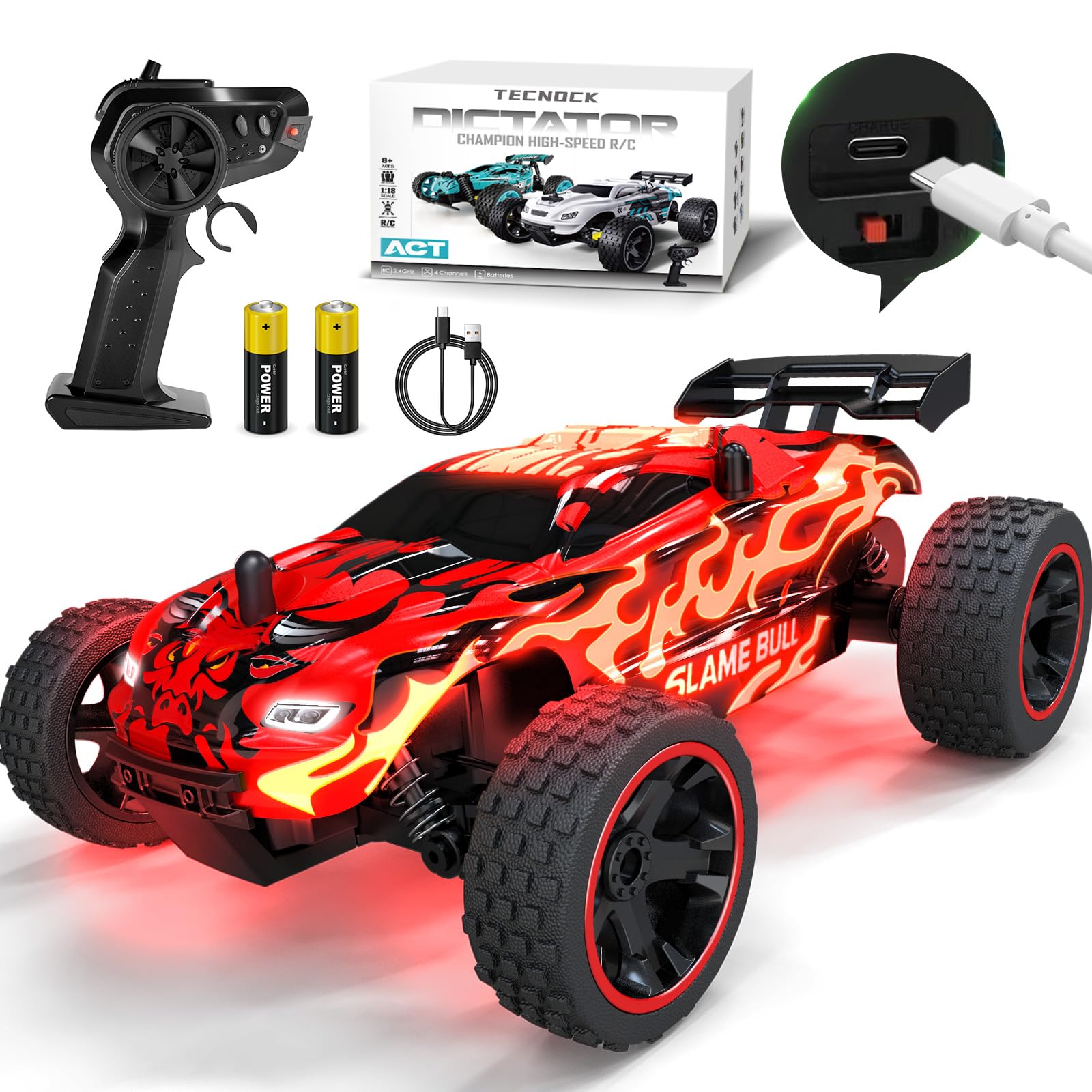 Tecnock 118-scale flame design RC car for bold outdoor play