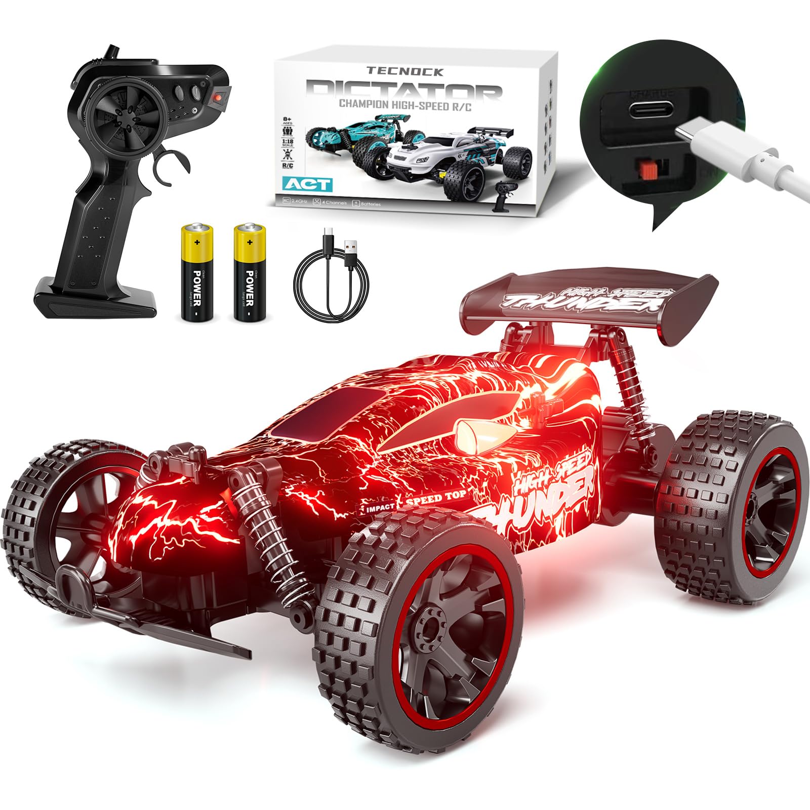 Tecnock RC car front view shows sturdy build and kid-friendly scale realism.
