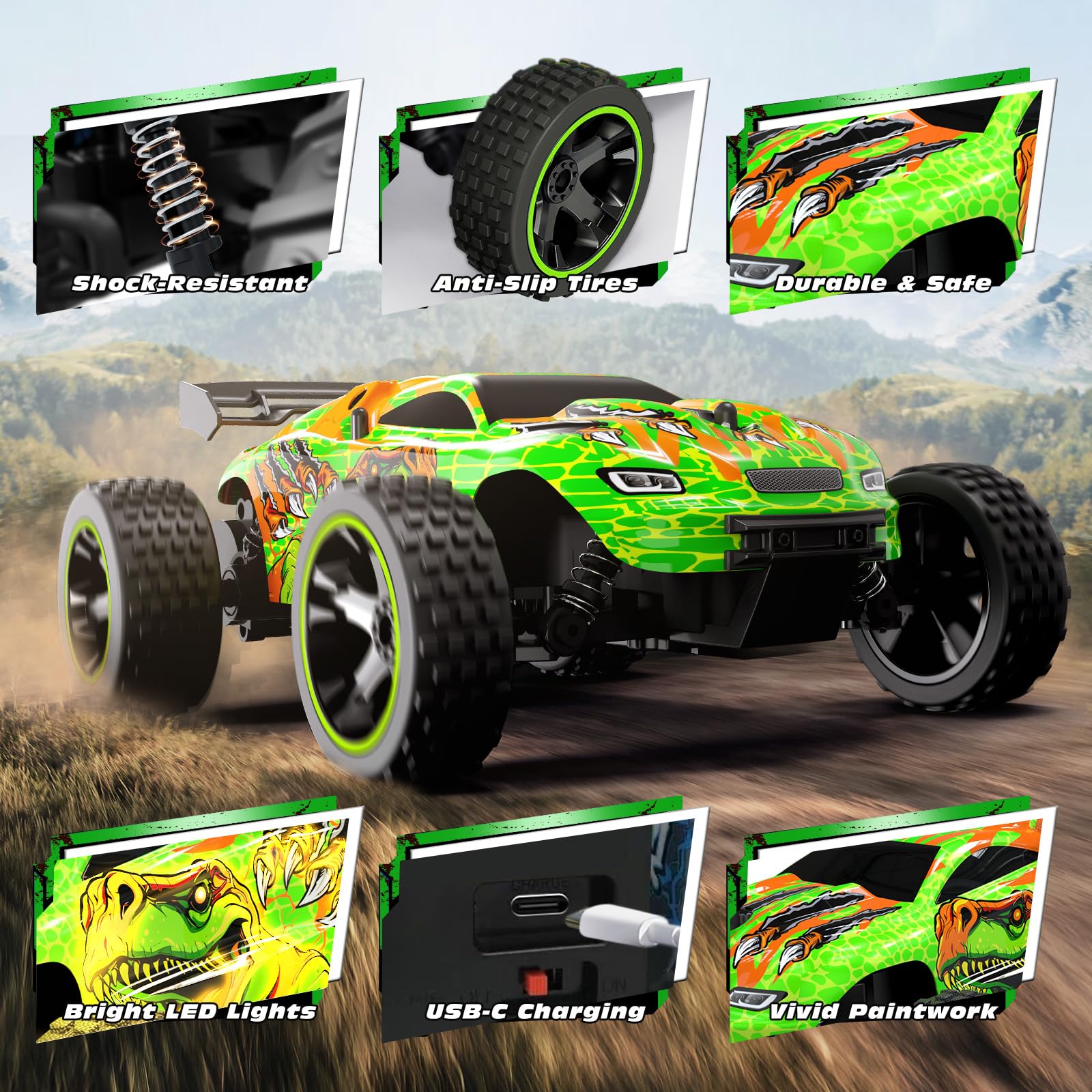 Tecnock RC car uses 2.4GHz remote for smooth, interference-free control up to 100 feet.