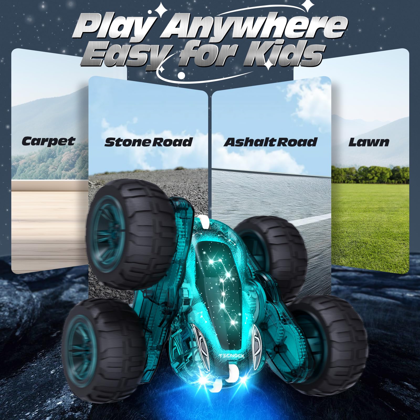 Tecnock 4WD build offers sturdy traction for on-table stunts and varied surfaces.